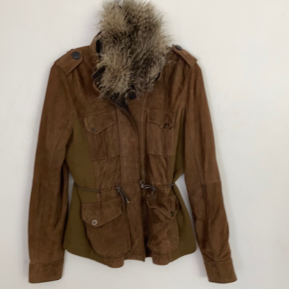 One of kind Eddie Bauer Green Leather Suede Jacket Fur trim Size XS